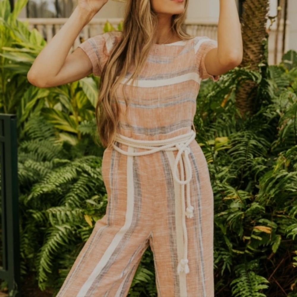 Roolee Peach and White Striped Jumpsuit with Rope Belt
